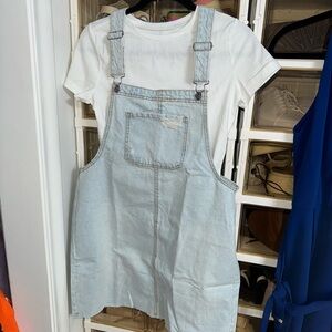 Light Blue Denim Overall Dress with White T-Shirt